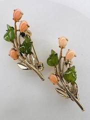 SET Vintage “SWOBODA” Coral Flowers & Jade Leafs Gold Plated Brooch Pin