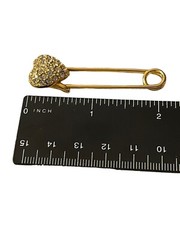 Puffy 3D Heart Rhinestone Gold Tone Saftey Pin Brooch Vintage Clip Fastener
