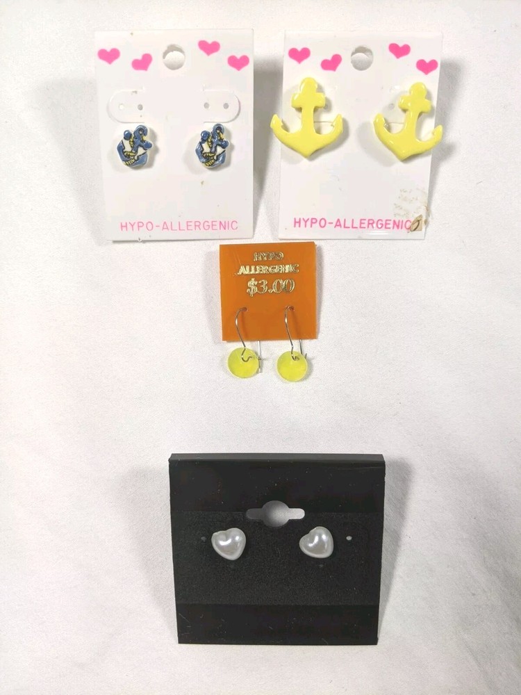 Lot 4 Small Earrings Children Teens Anchors Hearts Vintage New Old Stock NOS