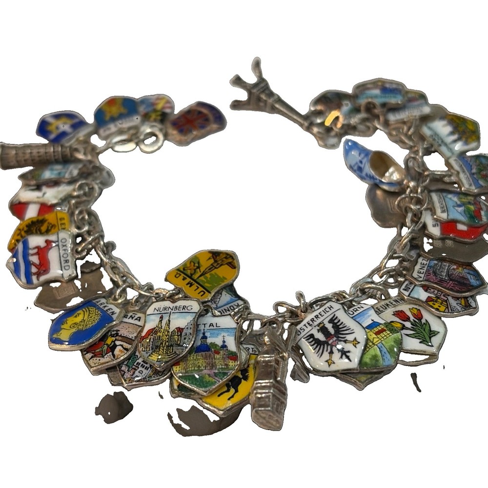 46 Vintage 800 Silver & Sterling Enamel Travel Shield Charm Bracelet Nice!