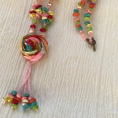 Colorful Faux Stone Nugget & Pale Pink Plastic Bead with Seashell Flower Pendant