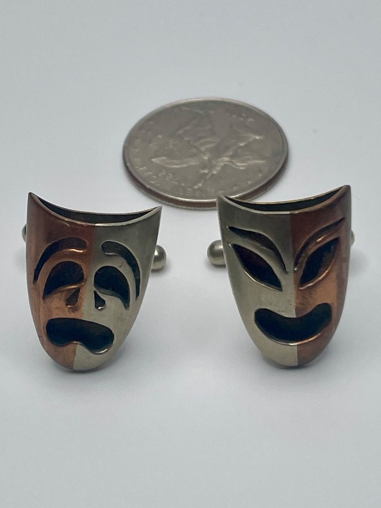 Vintage Comedy Tragedy Theater Masks Mexico Mixed Metals Copper Alpaca Cufflinks