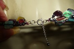 #17/20A NECKLACE 8″L 3 STRAND MULTO DYED MOP SHELL SQUARE WRAPPED IN BLACK CORD