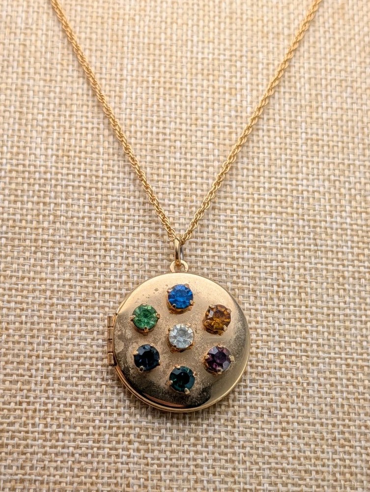 Vintage 40s Gold Tone “Dearest” Multicolor Rhinestone Locket Chain Necklace