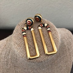 Women’s Dangle Earrings 80’s-90’s Style Gold Tone with Red and Blue Retro