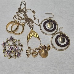 Monet Gold Charm Holder on Chain Braided Leather Hoop Earrings Rhinestone Brooch