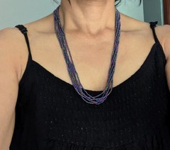 Natural Nepal Glass Seed Bead Multi Strand Necklace. Iridescent Peacock Blue 22″