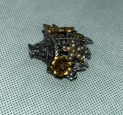 Gold Tone Pewter Dragonfly Faux Pearl Brooch Floral Basket Nature Vintage Garden