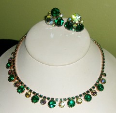 Vintage Green/AB Rhinestone Necklace Earring Set Demi-Signed Weiss