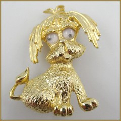 Crazy Eyes Shaggy Dog Textured Gold Tone Figural Brooch Signed