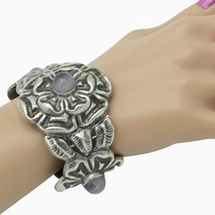 1930’s Wide Mexico City Amethyst Repoussé Sterling Silver Floral Bracelet