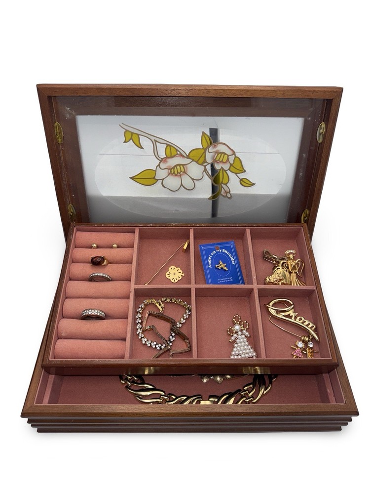 Vintage Gold Tone Jewelry Lot Filled Wood Jewelry Box Necklaces Brooches Gift