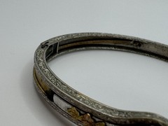 Antiqued Silver Plate Amethyst Glass Etched Gold Designed Bracelet Art Deco