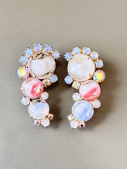 Vintage Signed HOBE’ Bracelet & Earring Set, White & Pink Givre Glass Stones