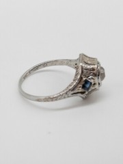 Antique 1920s .65ct Euro VS H Diamond Blue Sapphire 18k White Gold Filigree Ring