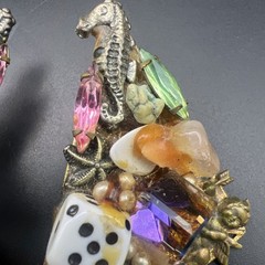 Vintage Handmade Assemblage Clip On Earrings Seahorse Dice Rhinestone Charms