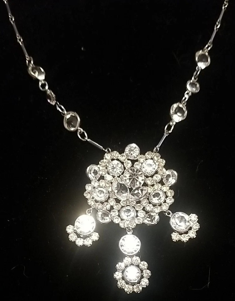 Antique Edwardian/Deco Style Necklace, Paste Rhinestone, Rare Drop Neck, 28 Inch