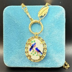 Vintage 12k Gold Filled Pocket Watch Chain FOB, Dog Clip, Guilloche Bluebird