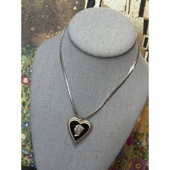 Vintage Mercury Dime Heart Cameo Pendant Silver Tone Black Enamel Sweetheart