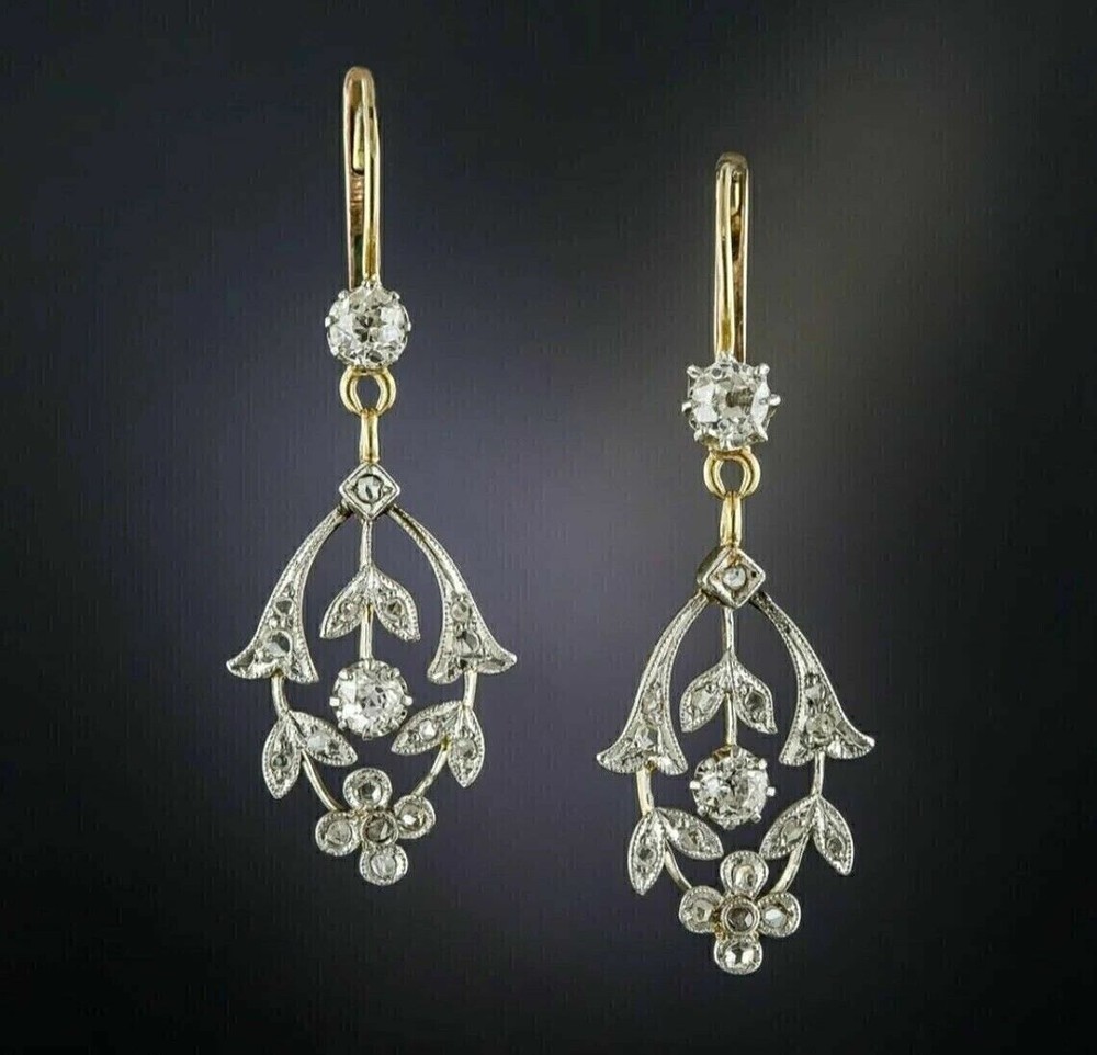 Leaf Branch Dangle Drop Earrings 2.4 Ct Simulated Diamond 14K Yellow Gold Over