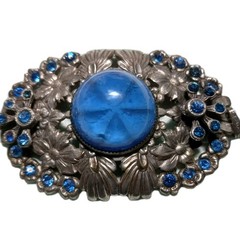 Art Deco Pendant Blue Focal W Rhinestone Accents Silver Tone Pot Metal Floral