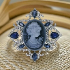 Vintage Cameo Lady Rhinestone Brooch Pin for Women Girls Antique Medium, Blue