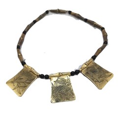VTG Oriental Bamboo Brass Metal & Wood Beads Statement 14″ Necklace Signed H.LI