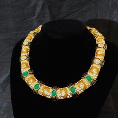 Vintage SAVAR.E Green Cabochon & Crystal Enamel Necklace & Earrings Set