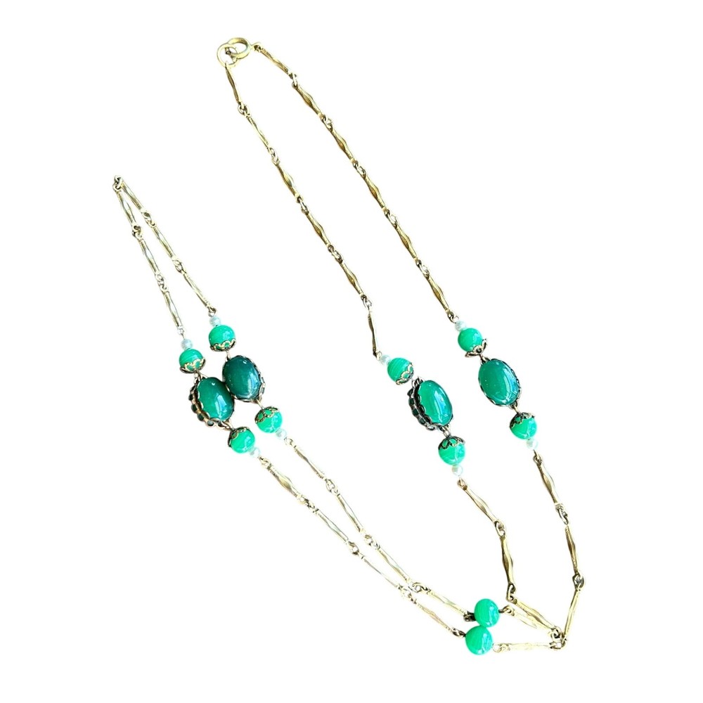 Vintage gold tone ornate necklace green lucite faux jade beads