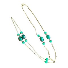 Vintage gold tone ornate necklace green lucite faux jade beads