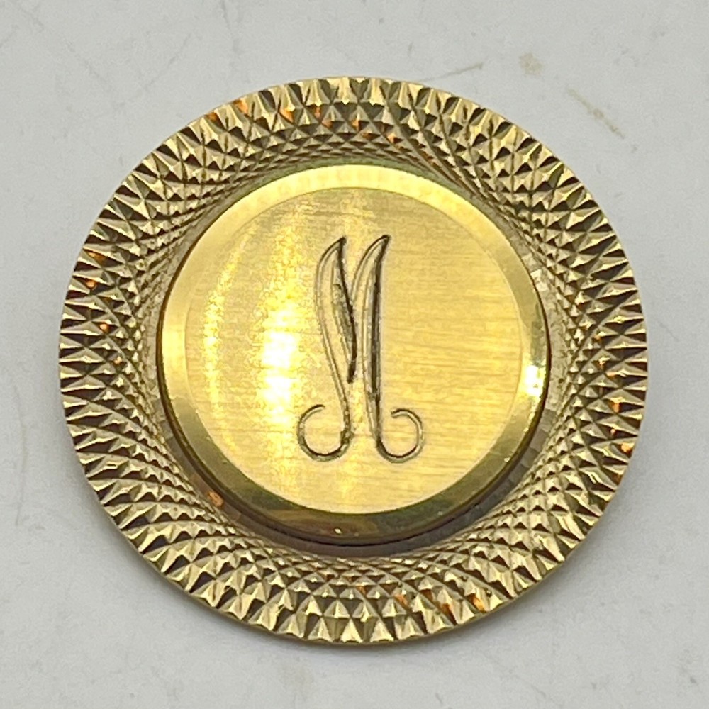 Vintage Guilloche Brooch Monogram M Gold Plated Signed LaMode Karatclad 1.25″