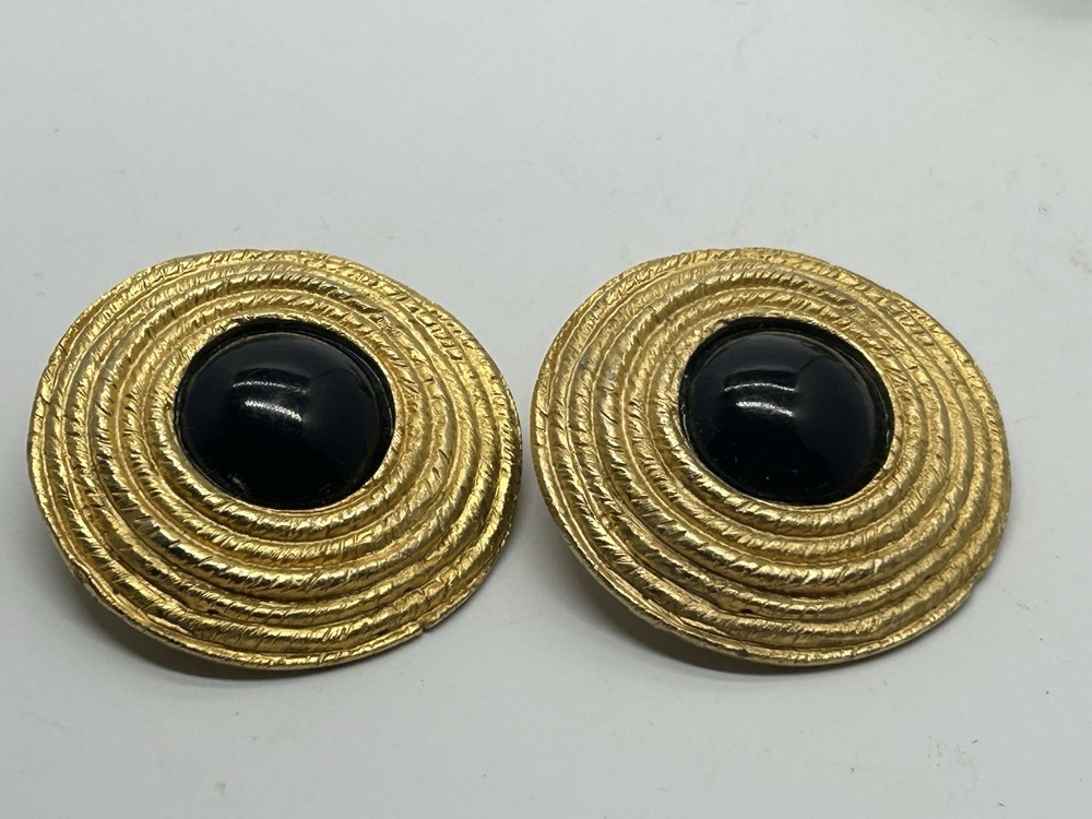 Vtg Les Bernard Runway Gold Plt RARE Black Cabochon Glass Rope Disc Earrings XL