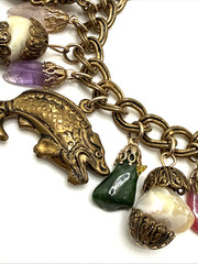 1950s MIRIAM HASKELL Unsigned Asian Charm Bracelet Semi Precious Stones 7.25″