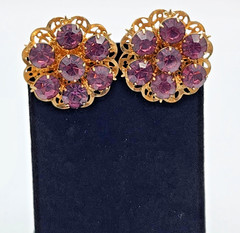 Vintage Amethyst Purple Rhinestone Cluster Clip On Earrings Gold Tone 1960s