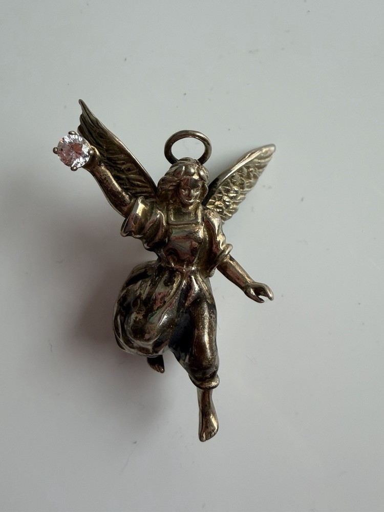 Beautiful Vintage Sterling Silver Guardian Angel Pendant Cubic Zirconia 20 Grams