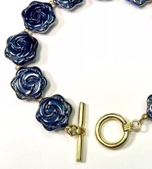 Artisan Toggle Bracelet Molded Glass Flower Black Iridescent Oil Slick AB 8.5 in