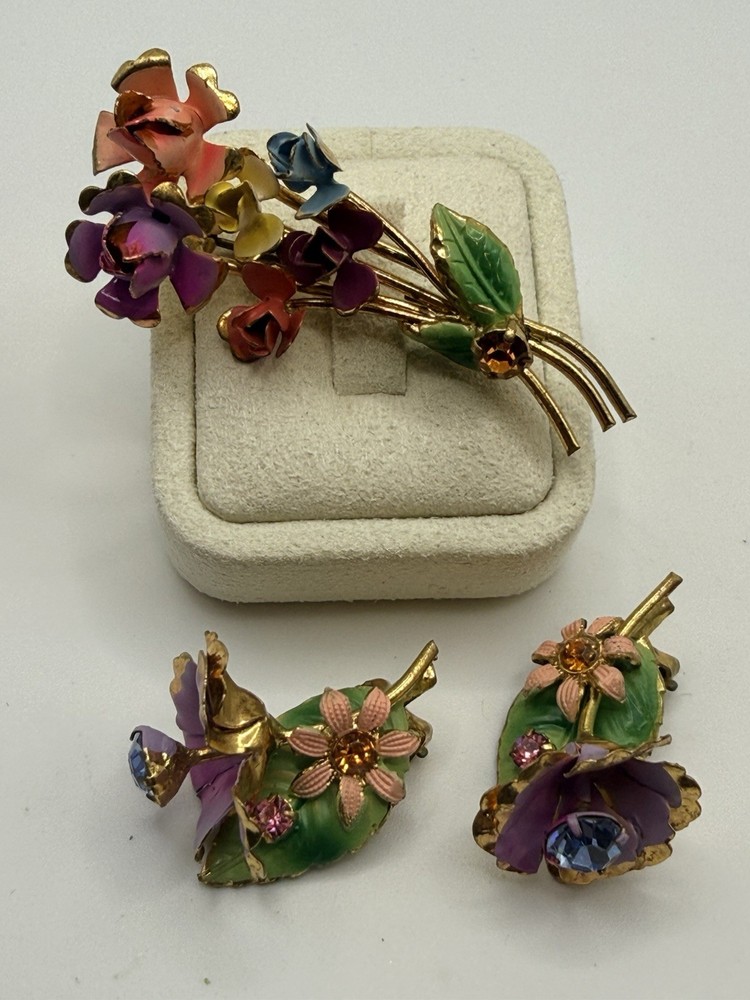 Vintage Austria Crystal Brooch and Earring Set 1950s Gold Tone Enamel Floral