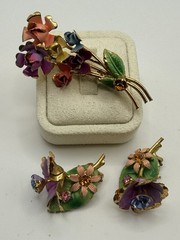 Vintage Austria Crystal Brooch and Earring Set 1950s Gold Tone Enamel Floral