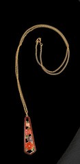 Vtg Cloisonne Pendant Necklace NOS Gold Plated 24″ Chain In Silk Pouch Boho Gift