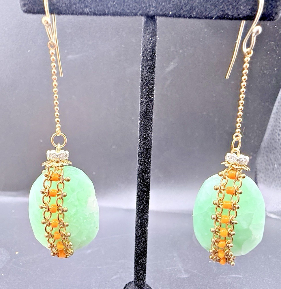 Artisan Green Orange Beaded Dangle Earrings Gold Tone Faceted Drops
