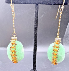 Artisan Green Orange Beaded Dangle Earrings Gold Tone Faceted Drops