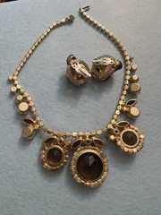 VTG D&E Juliana Root Beer Glass & Topaz Rhinestone Runway Necklace & Earrings