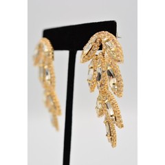 Vintage Crystal Leaf Earrings Drip Dangle Prong Rhinestone Marquise Gold BinAE