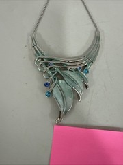 VTG Enamel Silver Tone Necklace With Crystals Adjustable Length Statement Blue
