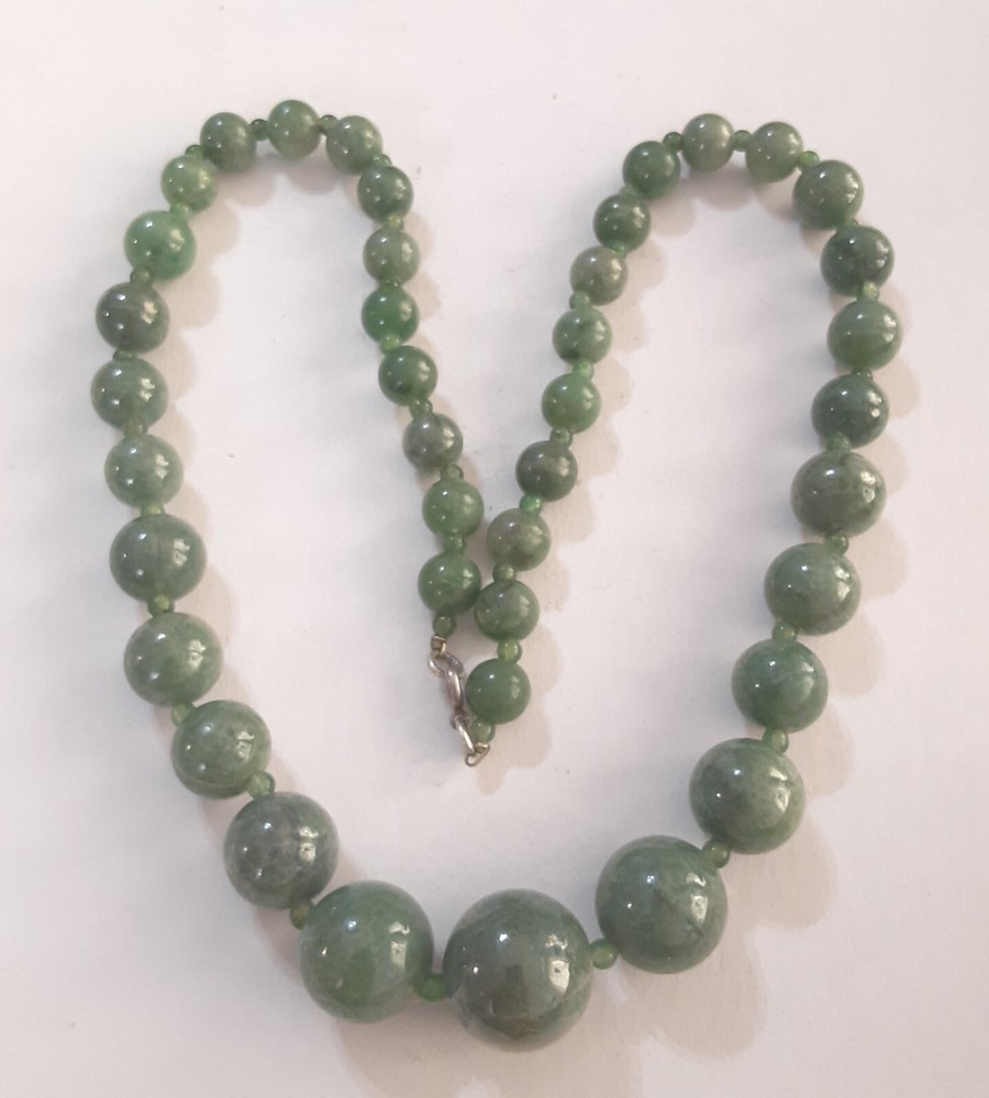 Vintage Faux Green Jade Graduated Bead Necklace Knotted 10 to 20 mm 24 inches