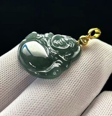 Hi-grade Natural Green Jade Jadeite Pendant ‘Buddha Happy’, 25x24mm, w/Necklace