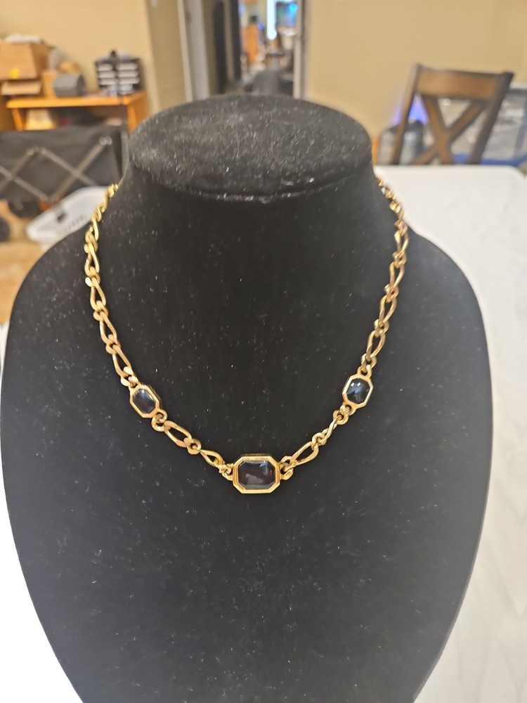 Vintage Christian Dior Classic Logo Black Rhinestone Gold Chain Necklace 18 In