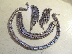 Vintage Jet Black & Clear Rhinestone Necklace Bracelet & Pierced Earrings SET