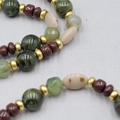 Vintage Brown Green Beige Bead Necklace Gold tone 36″