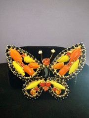 Vintage Juliana D&E Butterfly Brooch Black Rhinestone Orange Chartreuse Cabochon